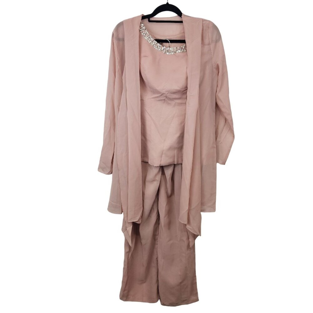 Elegant Blush Pink 3-Piece Wedding Dress Set Top Sheer Long Jacket Pants Size M